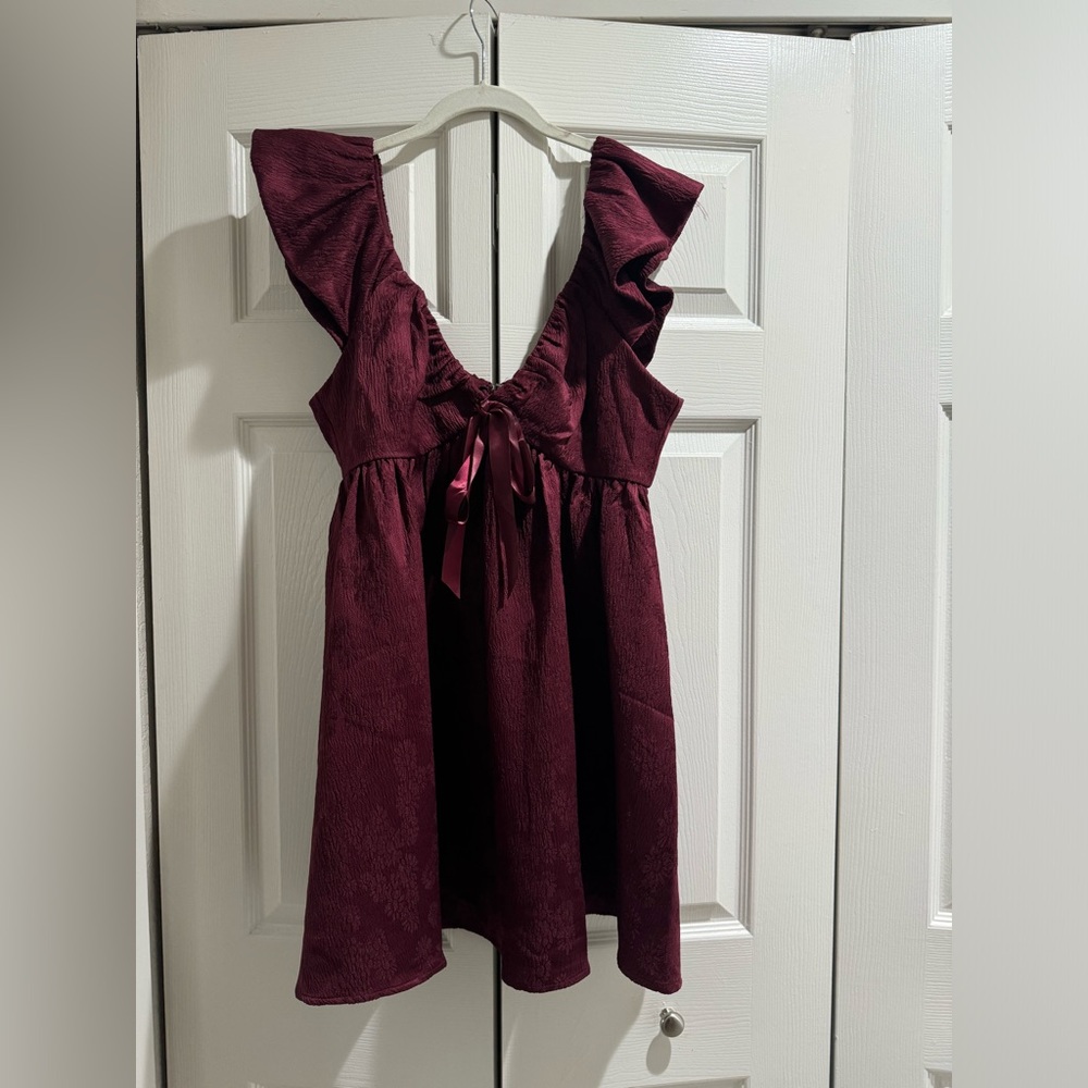 Women's Ruffle Sleeve Tie-Front Babydoll Dress in Deep Burgundy